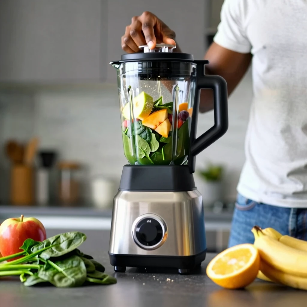 Persoană pregătind un shake proteic sănătos cu fructe și spanac în blender