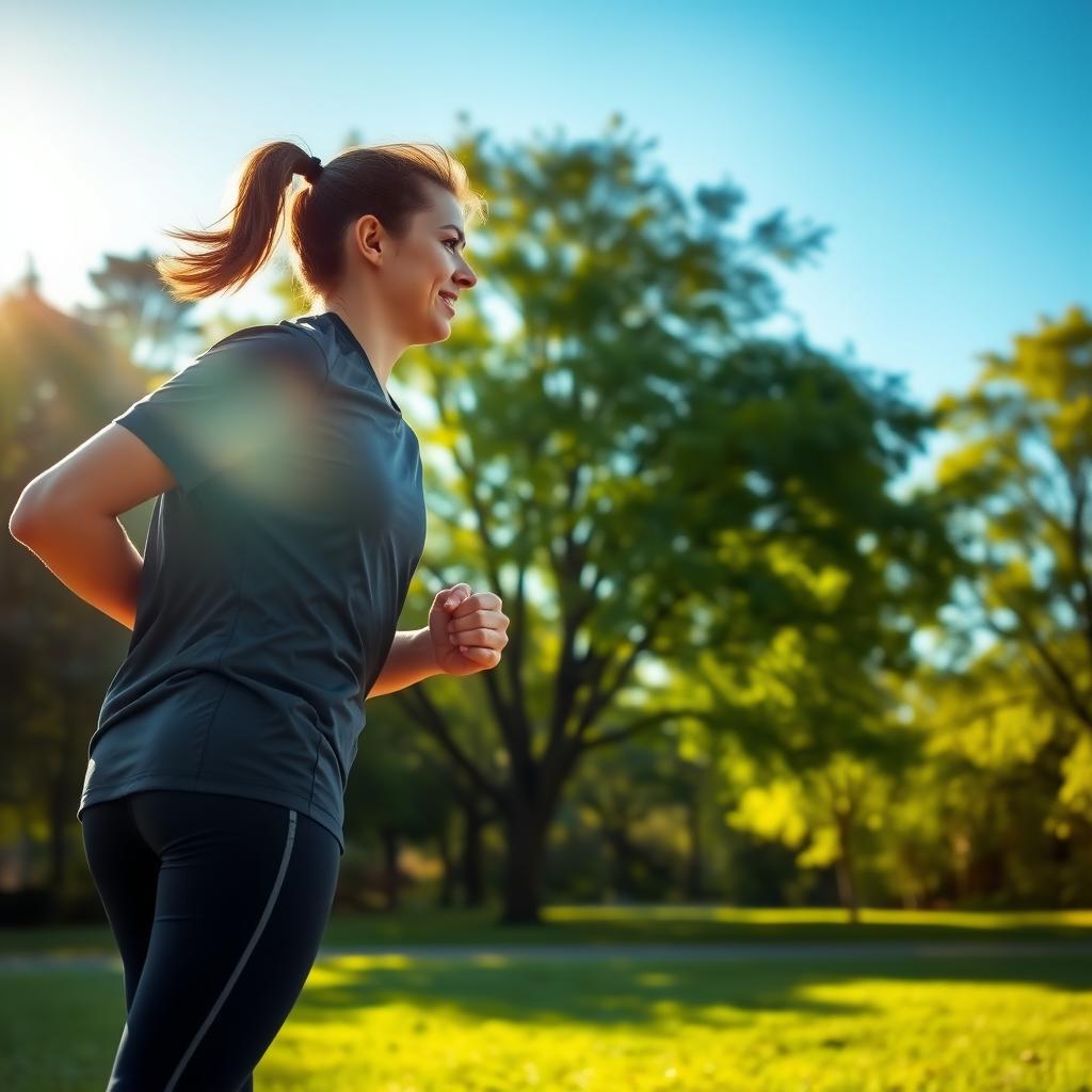 Persoană care aleargă în parc dimineața devreme, înconjurată de copaci verzi și cer albastru, purtând haine sportive.