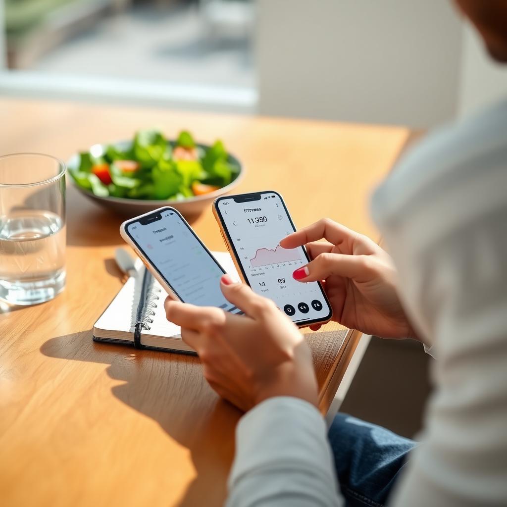 Persoană care își urmărește progresul de fitness pe telefon, cu o salată sănătoasă pe masă