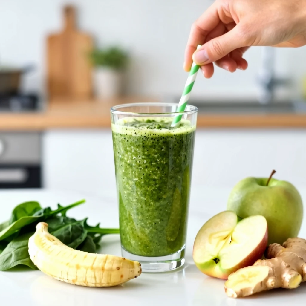 Persoană savurând un smoothie verde proaspăt cu spanac, banană, măr și ghimbir într-o bucătărie luminoasă