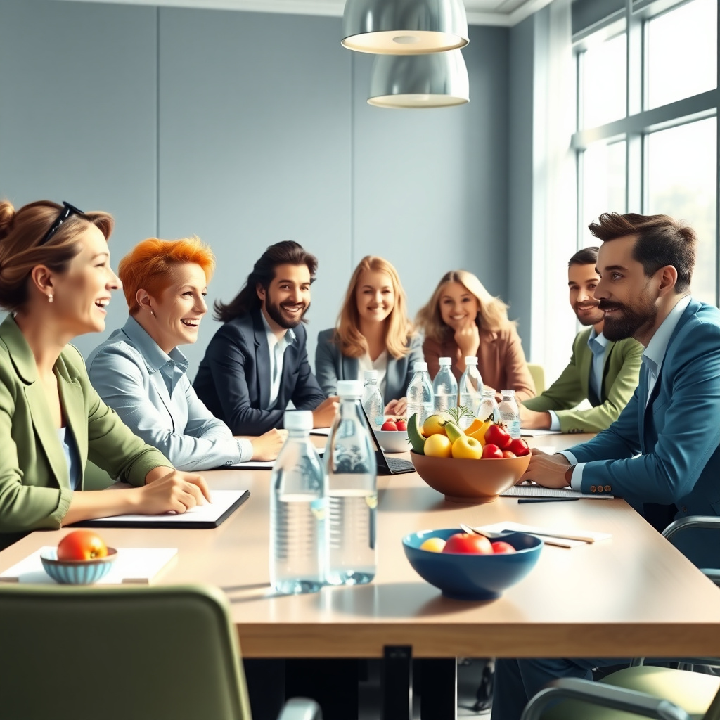 Echipă de profesioniști energici într-o ședință, cu elemente de alimentație sănătoasă pe masă.
