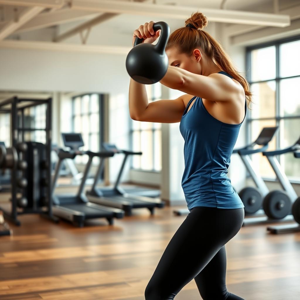 Persoană care efectuează un antrenament HIIT cu o greutate kettlebell într-o sală de fitness modernă, bine iluminată.