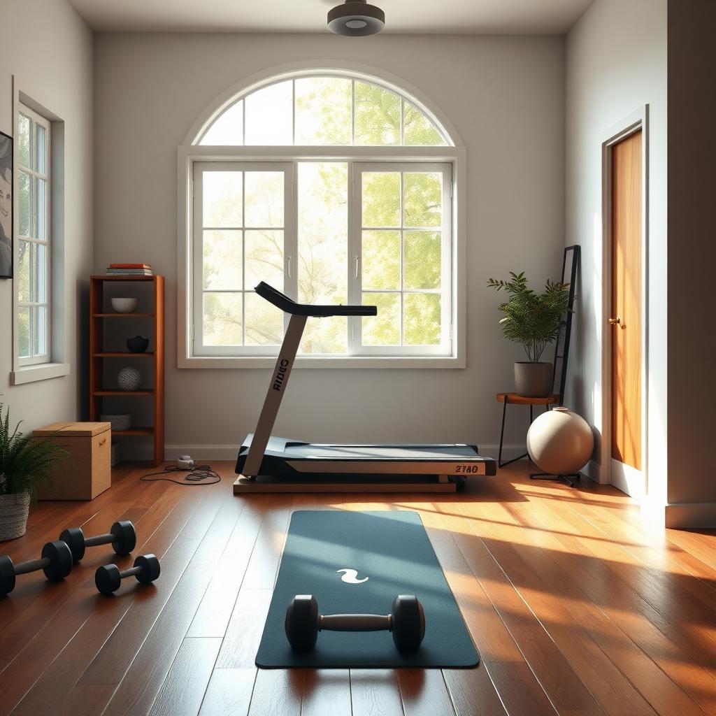 Sală de fitness acasă cu bandă de alergare, gantere și saltea de yoga, luminată natural printr-o fereastră mare.