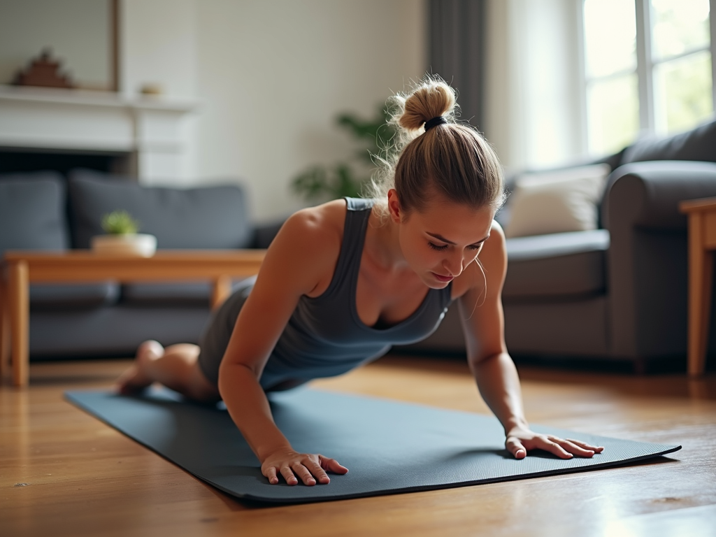 O persoană care face exercițiul plank pe o saltea de yoga într-un decor casnic, cu corpul în linie dreaptă de la cap la călcâie.