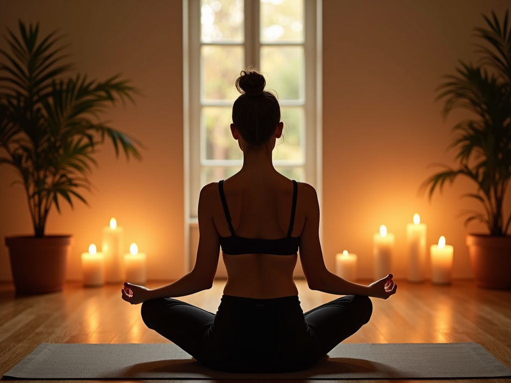 O persoană care meditează într-o cameră senină cu lumânări și lumină suavă, stând cu picioarele încrucișate pe o saltea de yoga.