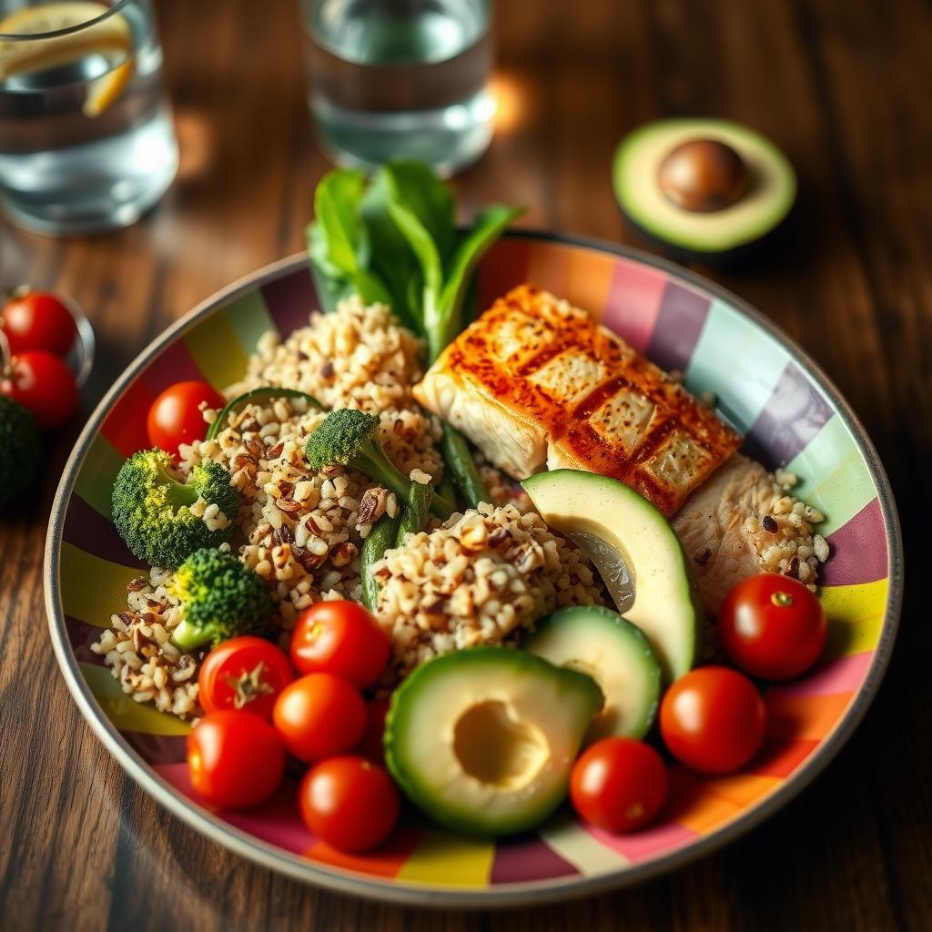 Farfurie colorată cu somon la grătar, quinoa, broccoli, roșii cherry și felii de avocado, pe o masă de lemn.