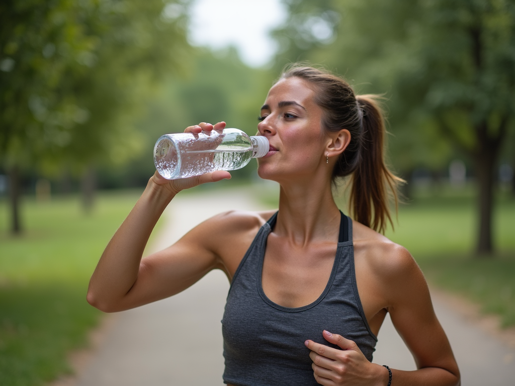 Persoană transpirată care bea apă după alergare, cu o potecă de parc pe fundal, arătând legătura dintre sport și hidratare