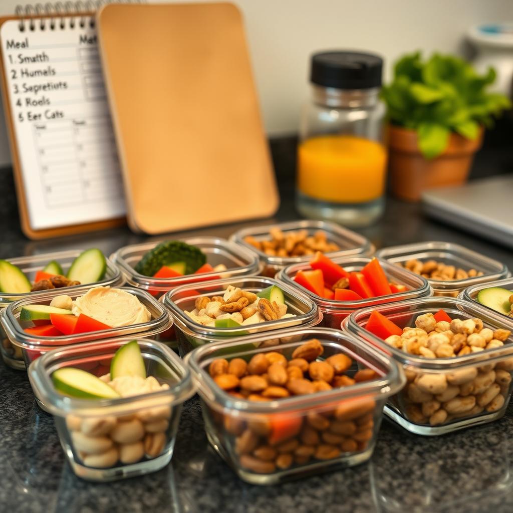 Containere de sticlă cu gustări sănătoase, precum legume tăiate, hummus și nuci, aranjate pe un blat de bucătărie, cu o sticlă de apă și un caiet în fundal.