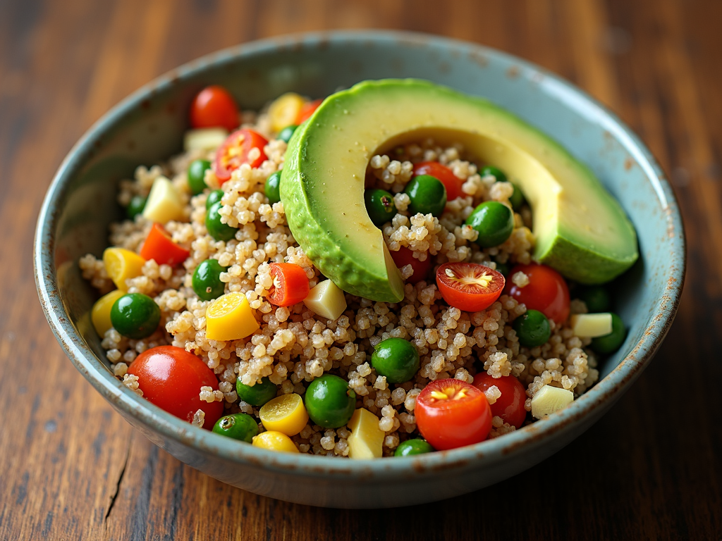 Bol colorat cu salată de quinoa și legume proaspete, garnisit cu felii de avocado, pe o masă din lemn.