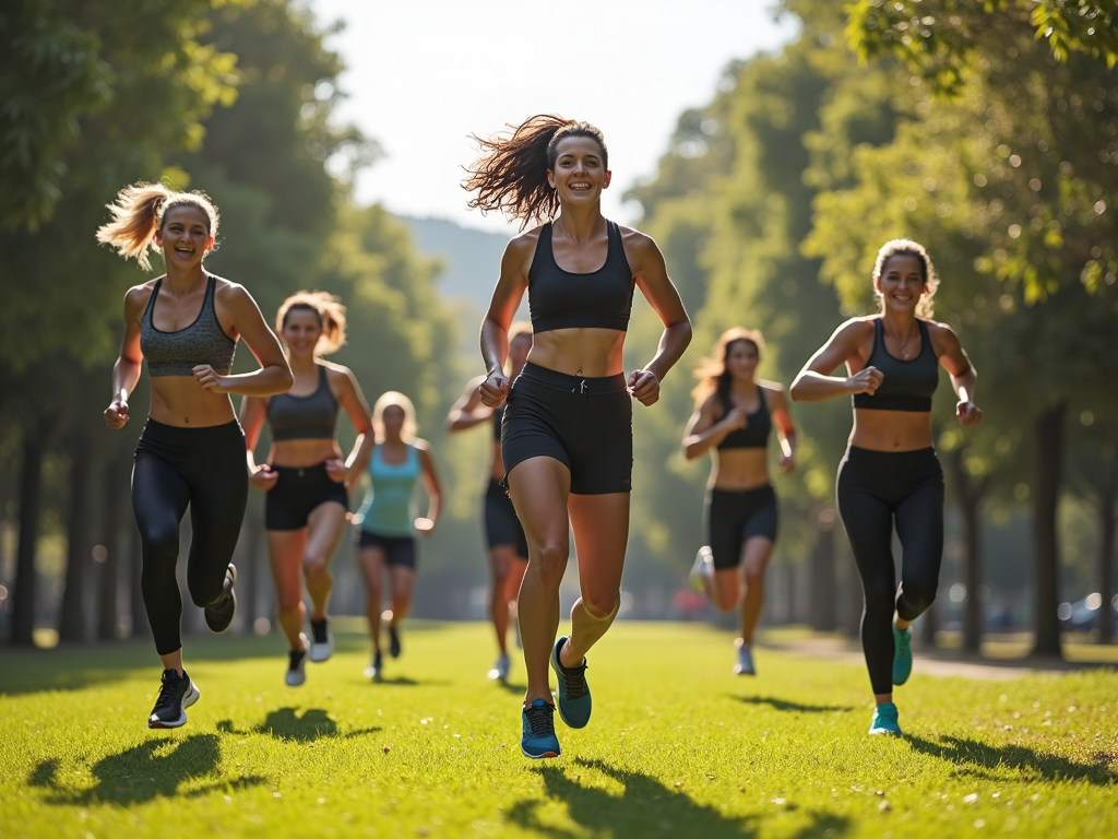 Grup de persoane care fac un antrenament HIIT într-un parc