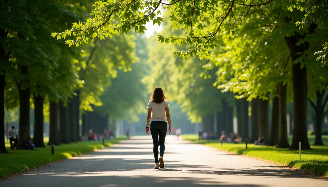 Persoană mergând într-un parc într-o zi însorită, cu copaci și o alee clară în față