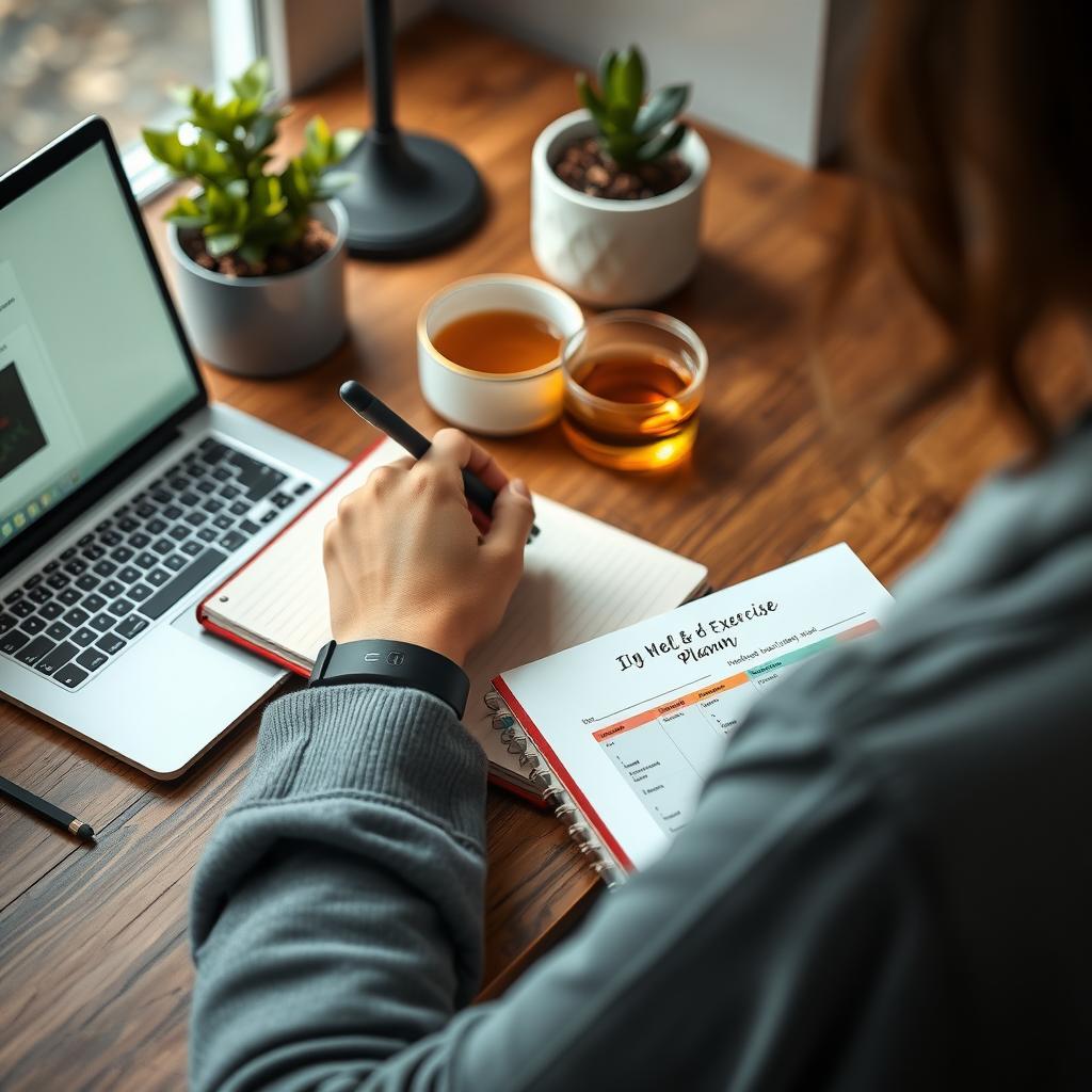 Imagine cu o persoană care scrie într-un jurnal pe un birou confortabil. Pe birou se află un laptop, o ceașcă de ceai și o plantă mică. Persoana poartă un tracker de fitness, iar un caiet colorat conține un plan săptămânal de masă și exerciții.