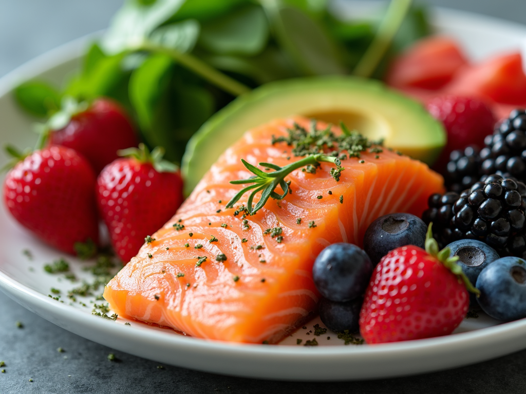 Un prim-plan al unei farfurii pline cu alimente colorate și bogate în nutrienți, cum ar fi somon, avocado, spanac și fructe de pădure.