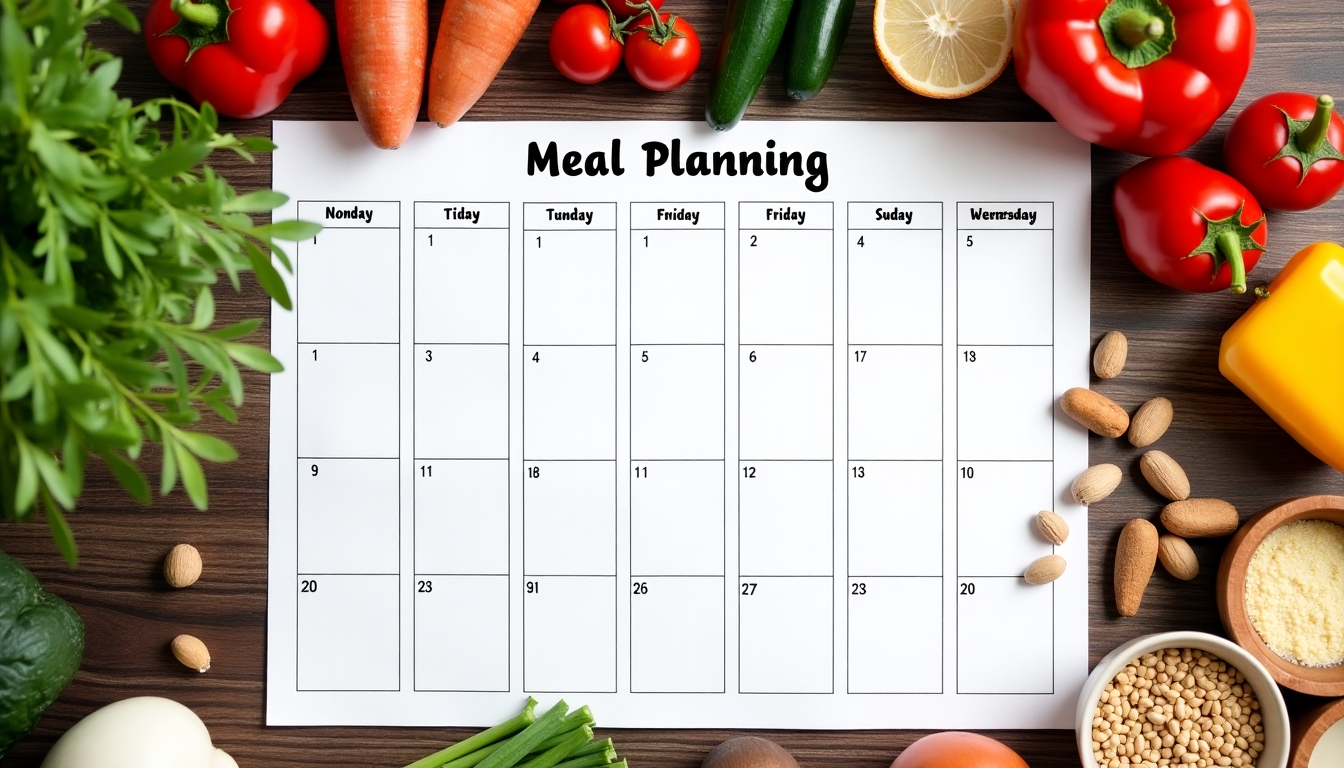 Un calendar de planificare a meselor săptămânale pe o masă cu câteva ingrediente sănătoase lângă el.