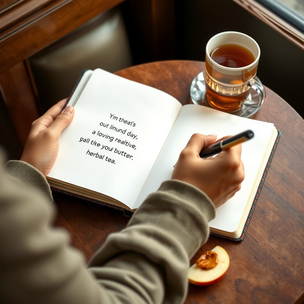 Persoană care scrie într-un jurnal motivațional la o masă de cafenea, cu o ceașcă de ceai și felii de măr cu unt de migdale.
