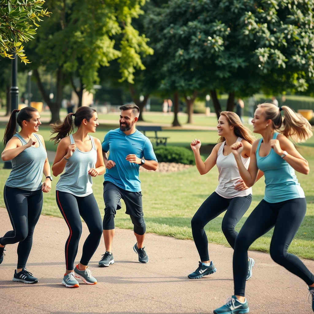 Un grup de prieteni făcând exerciții împreună în parc, râzând și încurajându-se reciproc
