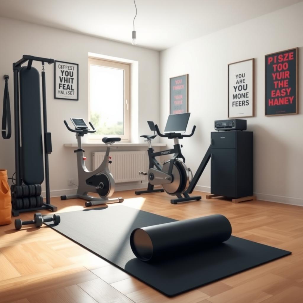 O sală de sport de acasă confortabilă, cu o saltea de yoga, gantere și o bicicletă staționară, iluminată natural printr-o fereastră mare.