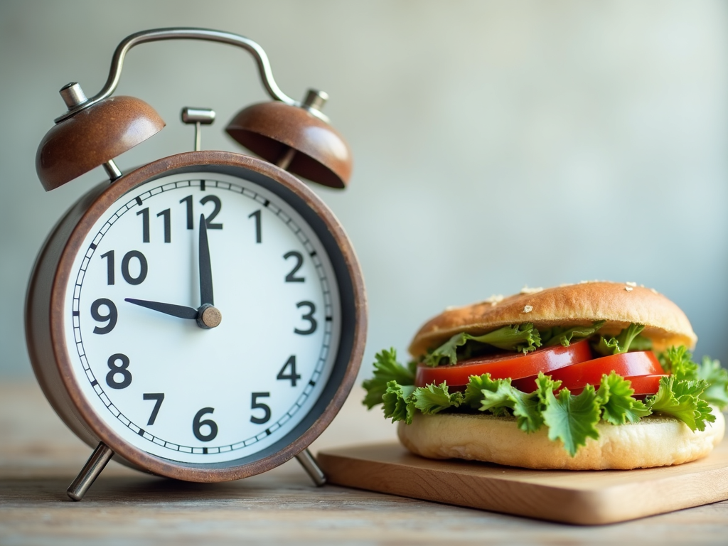Un ceas care arată ora pentru intermittent fasting, cu o masă sănătoasă alături.