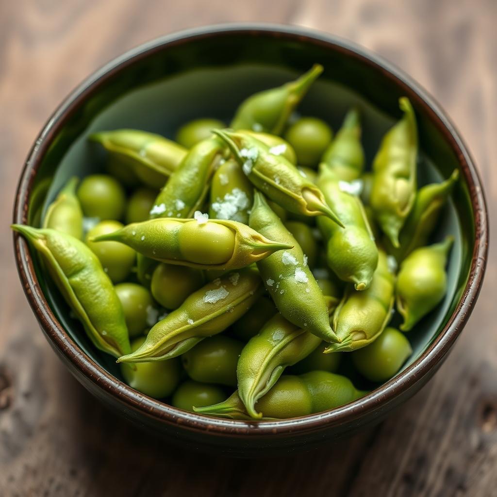 Bol mic cu boabe de edamame presărate cu sare de mare, așezat pe o suprafață rustică din lemn.
