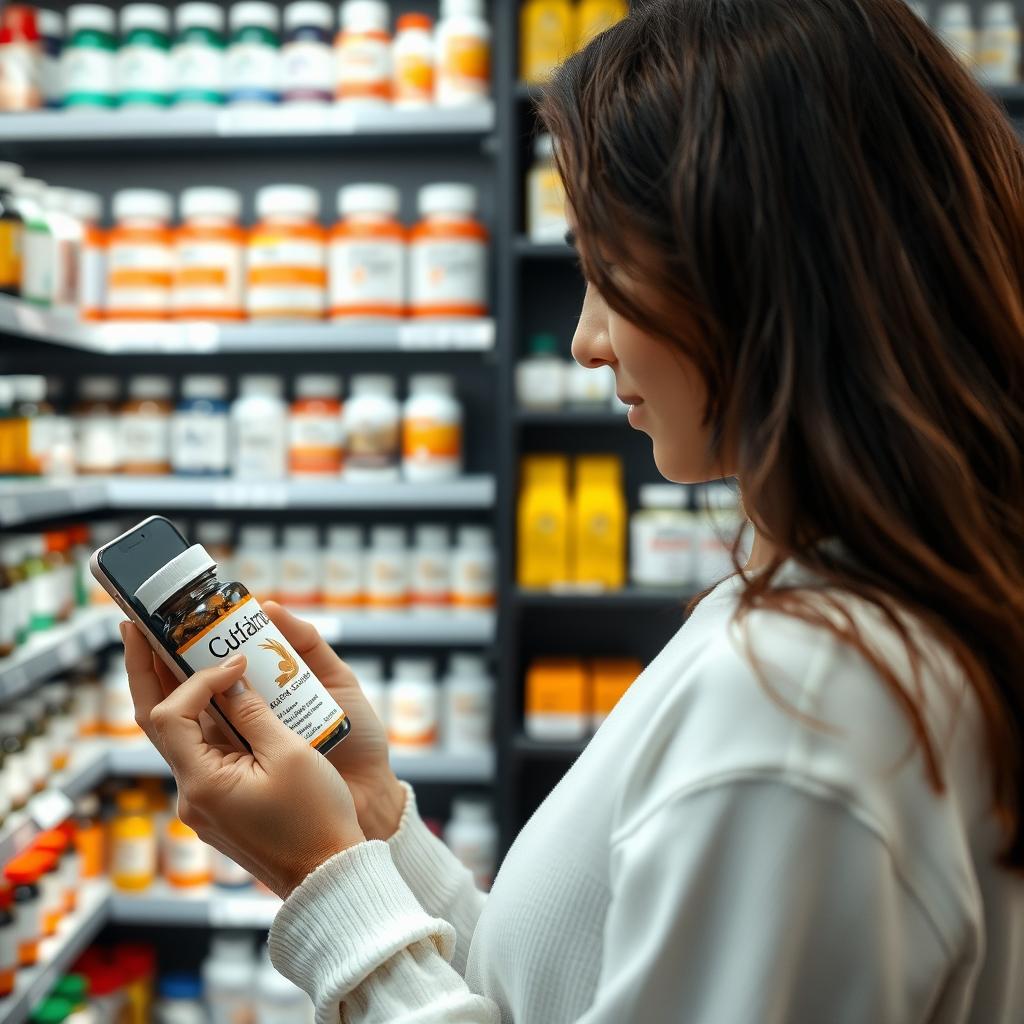 Persoană care citește eticheta unei sticle de suplimente într-o farmacie, cu rafturi pline de produse de sănătate în fundal și un smartphone în mână.