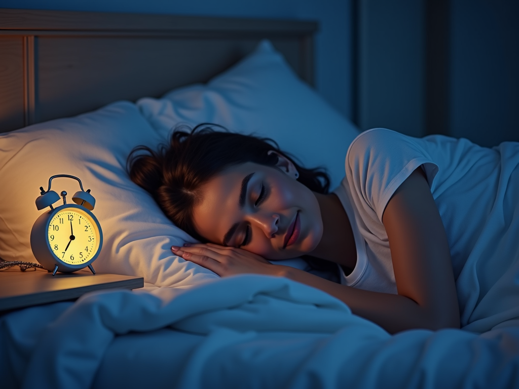 Imagine cu o persoană dormind liniștit într-un dormitor confortabil, cu lumină caldă și un ceas care arată ora târzie.