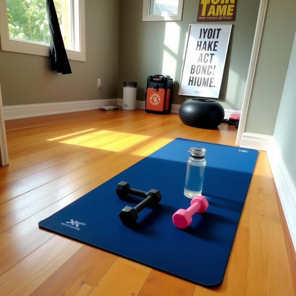 O sală de sport de acasă cu o saltea de yoga, gantere mici și o sticlă de apă pe o podea de lemn, luminată de lumină naturală și un poster motivațional pe perete.