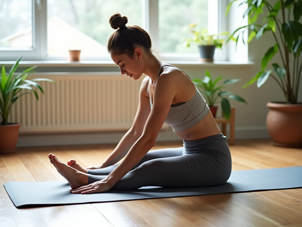 Începător care face o întindere înainte pe un covoraș de yoga