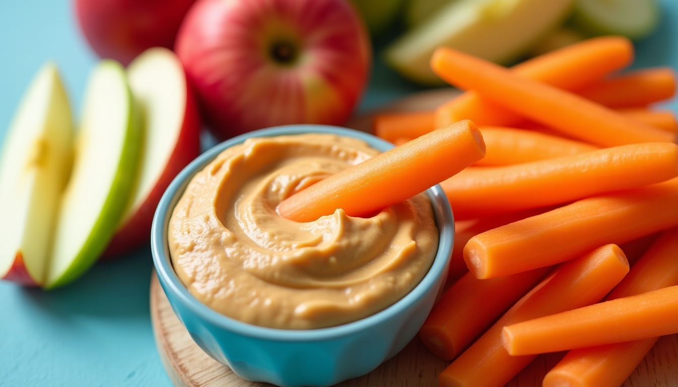 Imagine colorată cu gustări sănătoase cum ar fi morcovi baby cu hummus și mere cu unt de arahide.