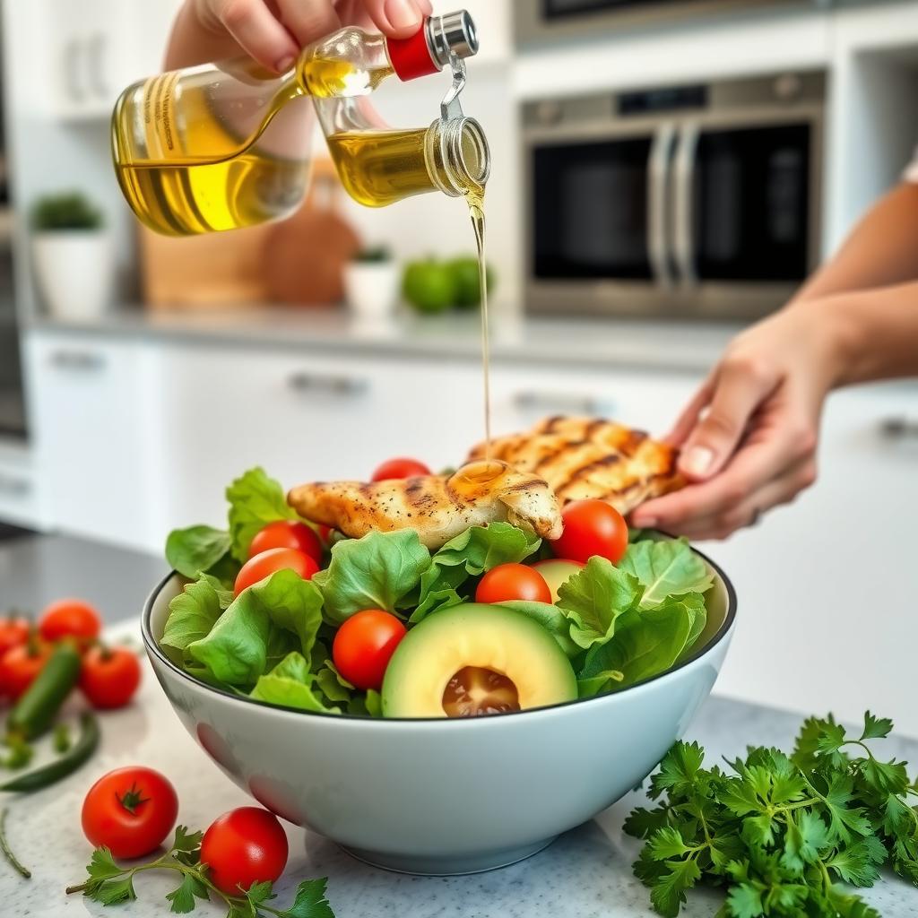 Persoană care prepară o salată sănătoasă cu verdețuri, roșii cherry, castravete, avocado și pui la grătar, într-o bucătărie modernă luminată natural, cu ierburi proaspete pe blat.