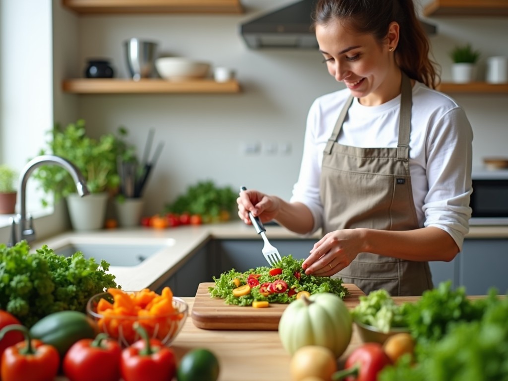 Persoană pregătind o salată sănătoasă într-o bucătărie modernă. Imaginea surprinde procesul de gătit într-un mod autentic și inspirațional.
