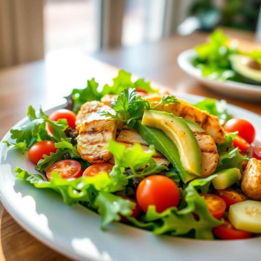 O farfurie colorată cu o salată sănătoasă, plină de verdețuri, roșii cherry, felii de castravete, avocado și pui la grătar, presărată cu ierburi proaspete, așezată pe o masă din lemn, luminată natural.