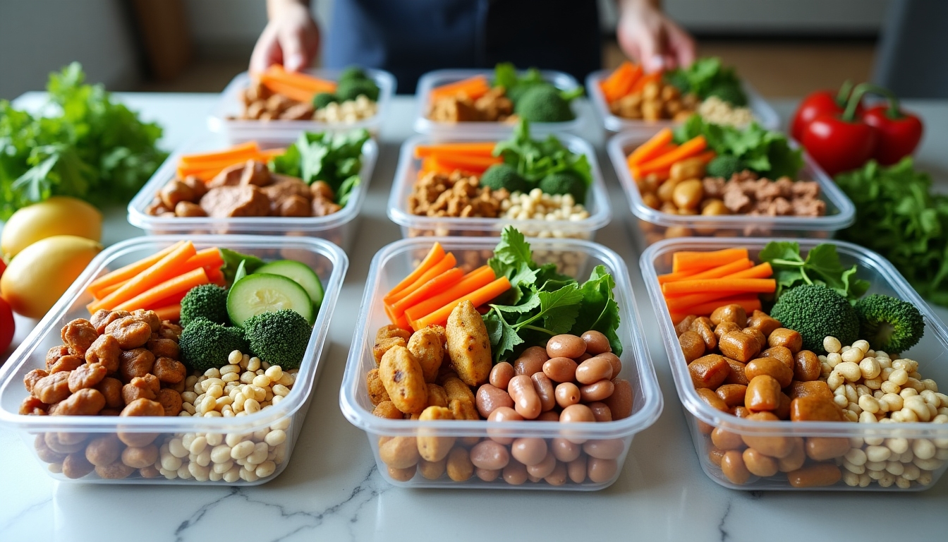 Nutritious pre-prepared meals stored in containers, ready for the week.