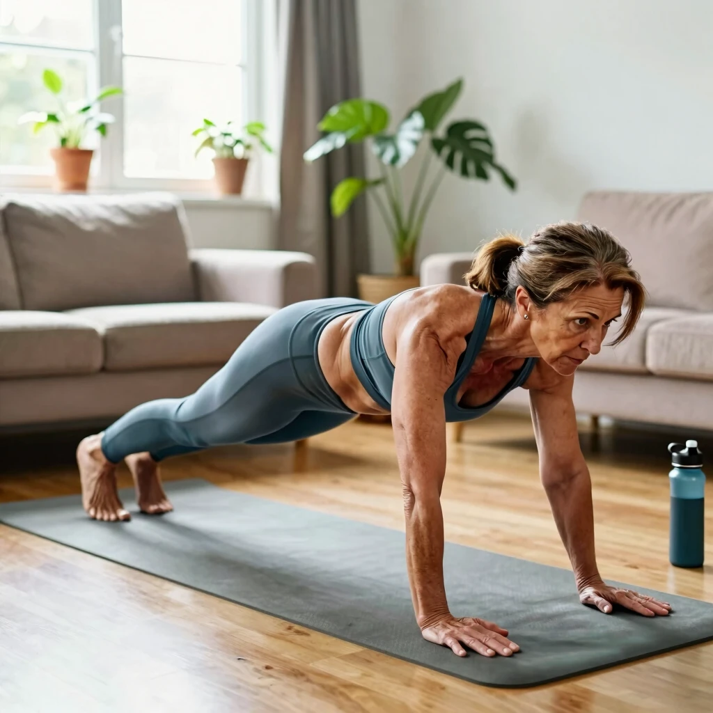 Femeie efectuând exercițiul plank acasă în sufragerie luminoasă