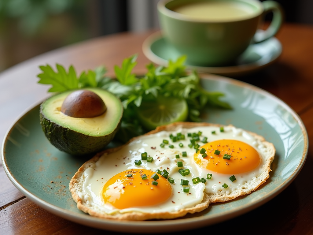Mic dejun sănătos cu ouă, avocado și ceai verde pe o masă de lemn