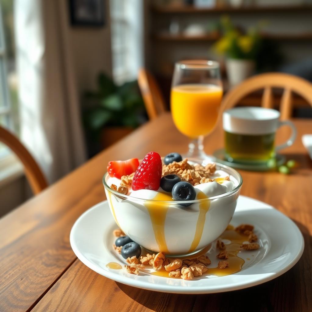 Mic dejun sănătos cu iaurt grecesc, fructe de pădure și granola, servit pe o masă din lemn.