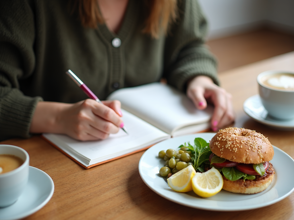 O persoană care ține un jurnal alimentar pentru a practica mindfulness-ul.