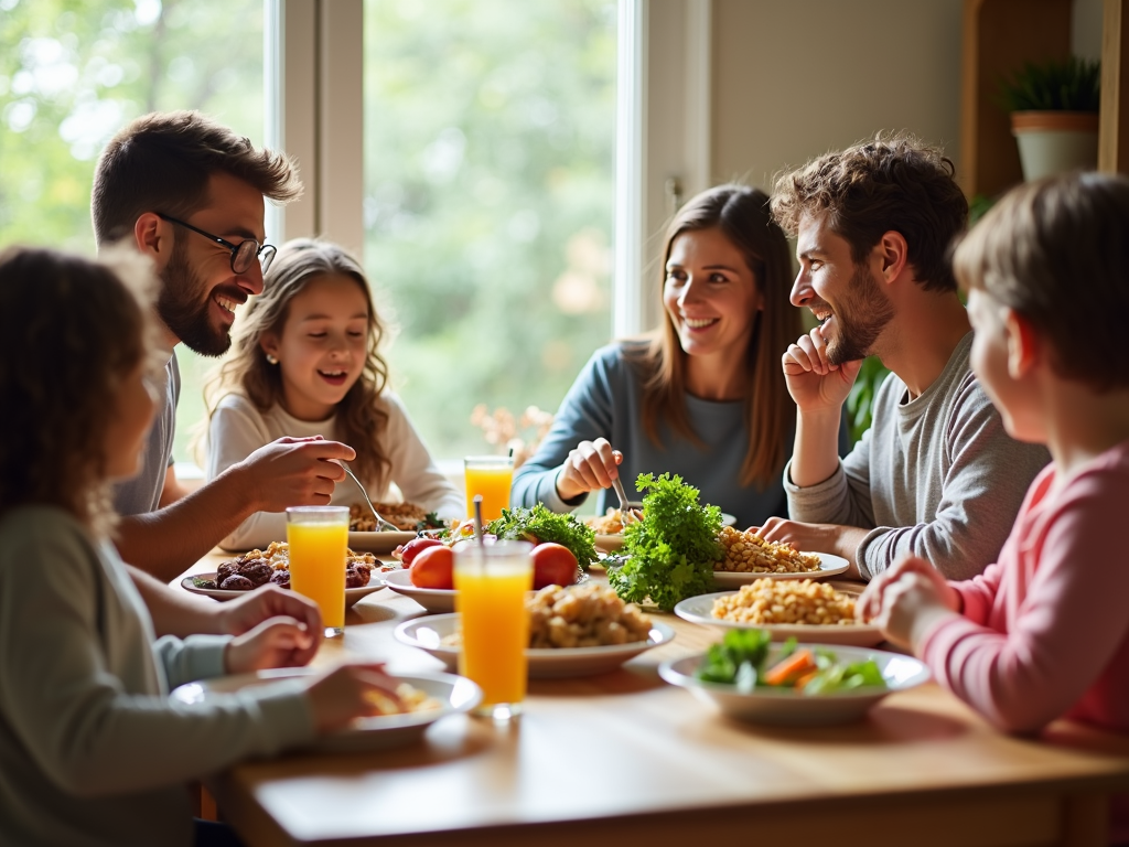 Familie bucurându-se de o masă sănătoasă împreună