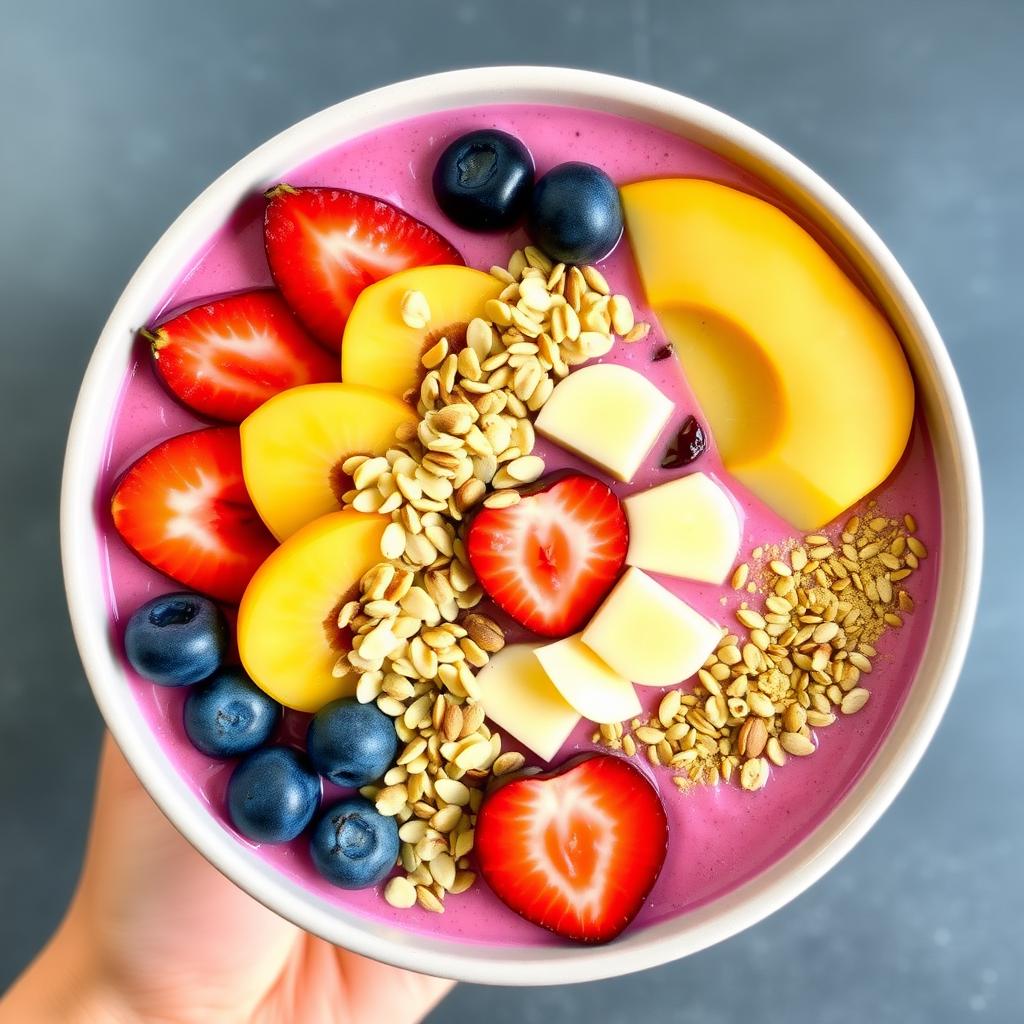 Un bol de smoothie cu fructe variate, colorate și sănătoase, decorat cu toppinguri nutritive.