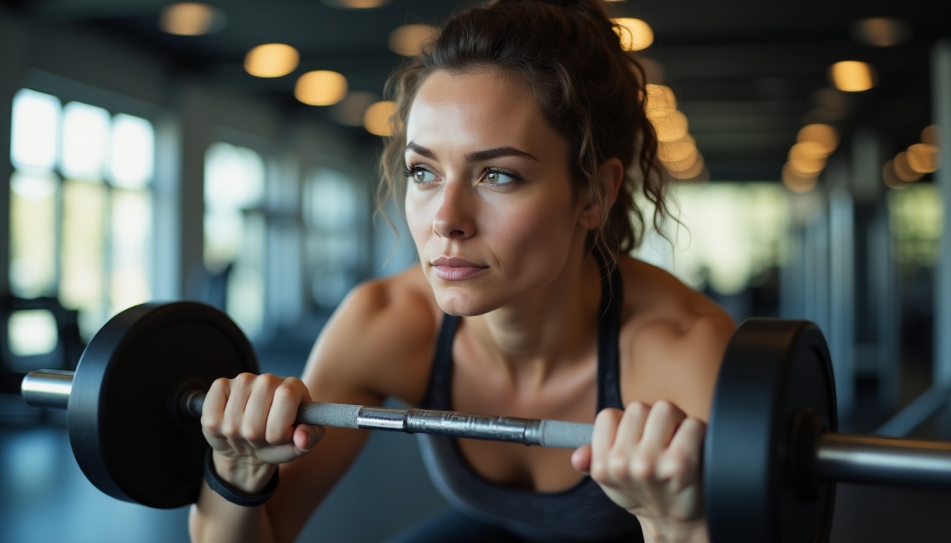 Imagine cu o femeie motivată care se antrenează în sala de sport.