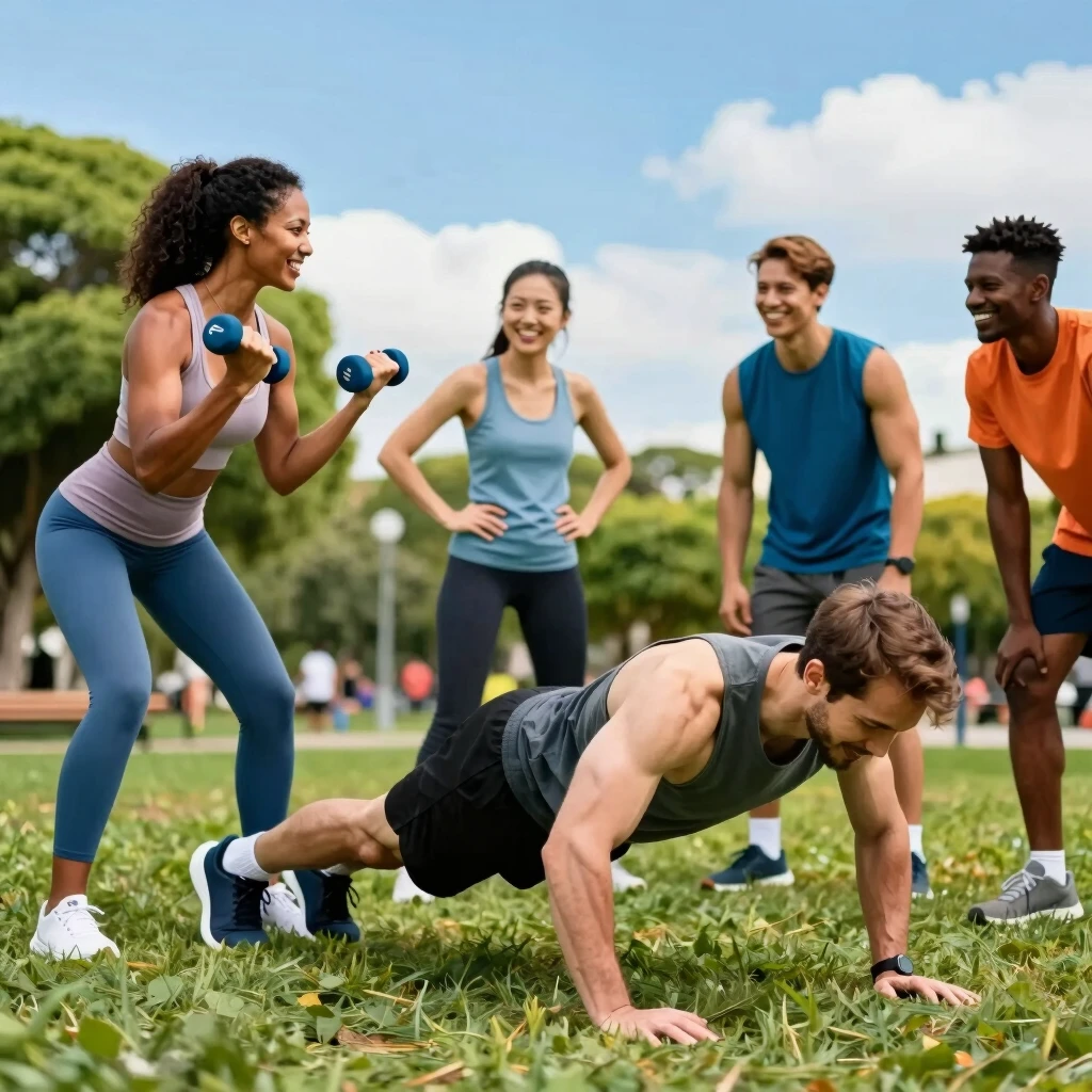 Grup de prieteni făcând antrenament de forță în parc, plini de entuziasm