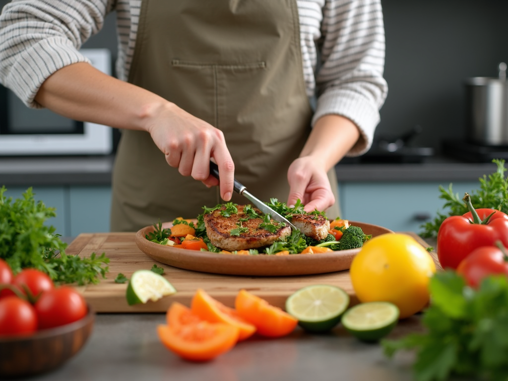O persoană care gătește o masă sănătoasă cu ingrediente proaspete