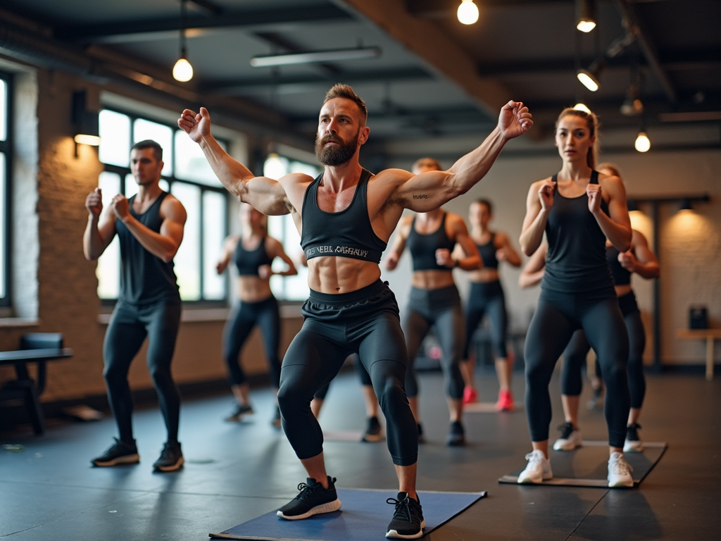 Grup de persoane care fac un antrenament HIIT într-o sală de sport
