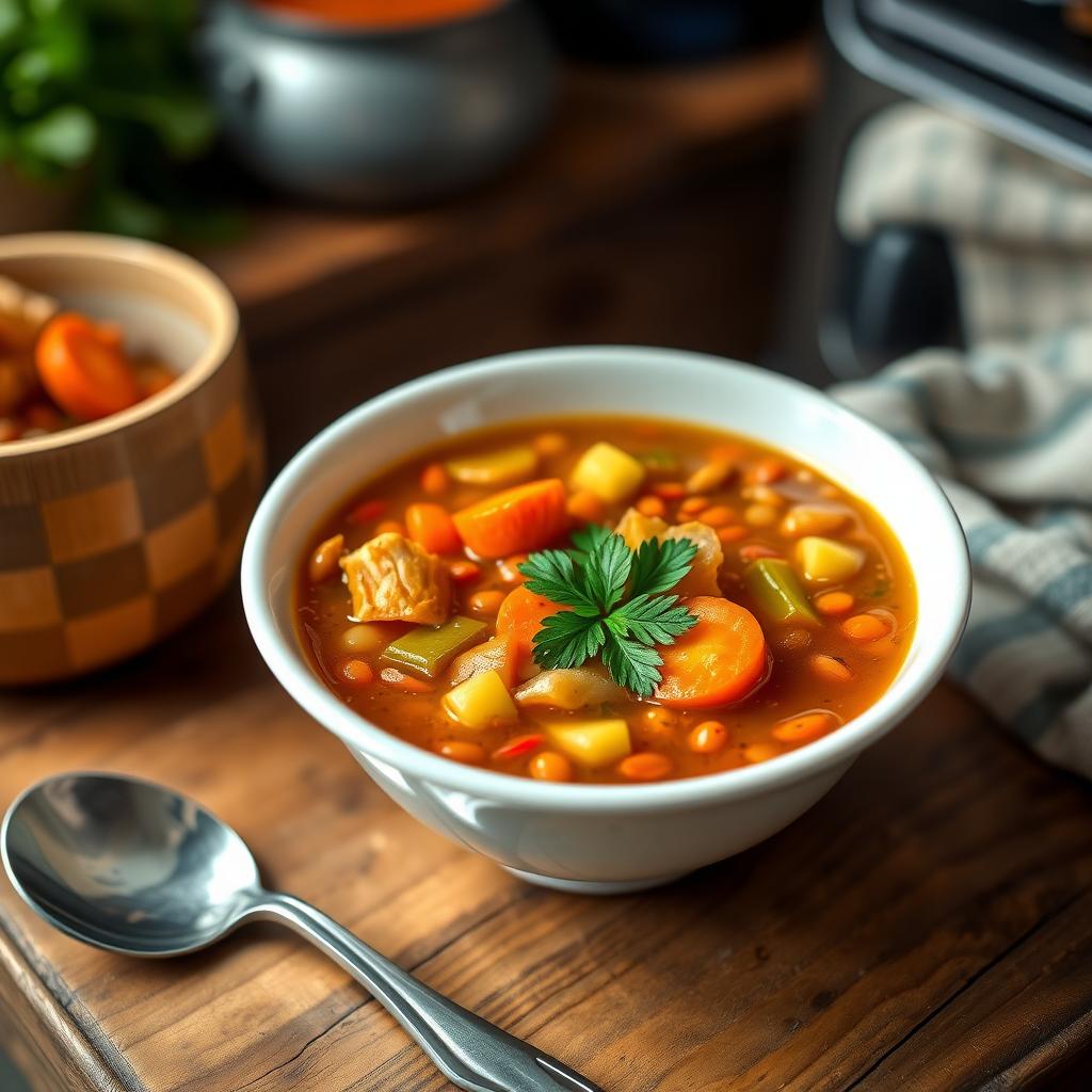 Un bol cu supă de linte și legume, cu morcovi, țelină și linte roșie, garnisit cu pătrunjel proaspăt, pe o masă rustică într-o bucătărie confortabilă.