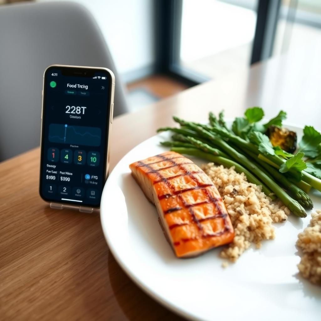 Smartphone care afișează o aplicație de monitorizare a alimentelor, lângă o farfurie cu somon la grătar, sparanghel și orez brun pe o masă modernă.