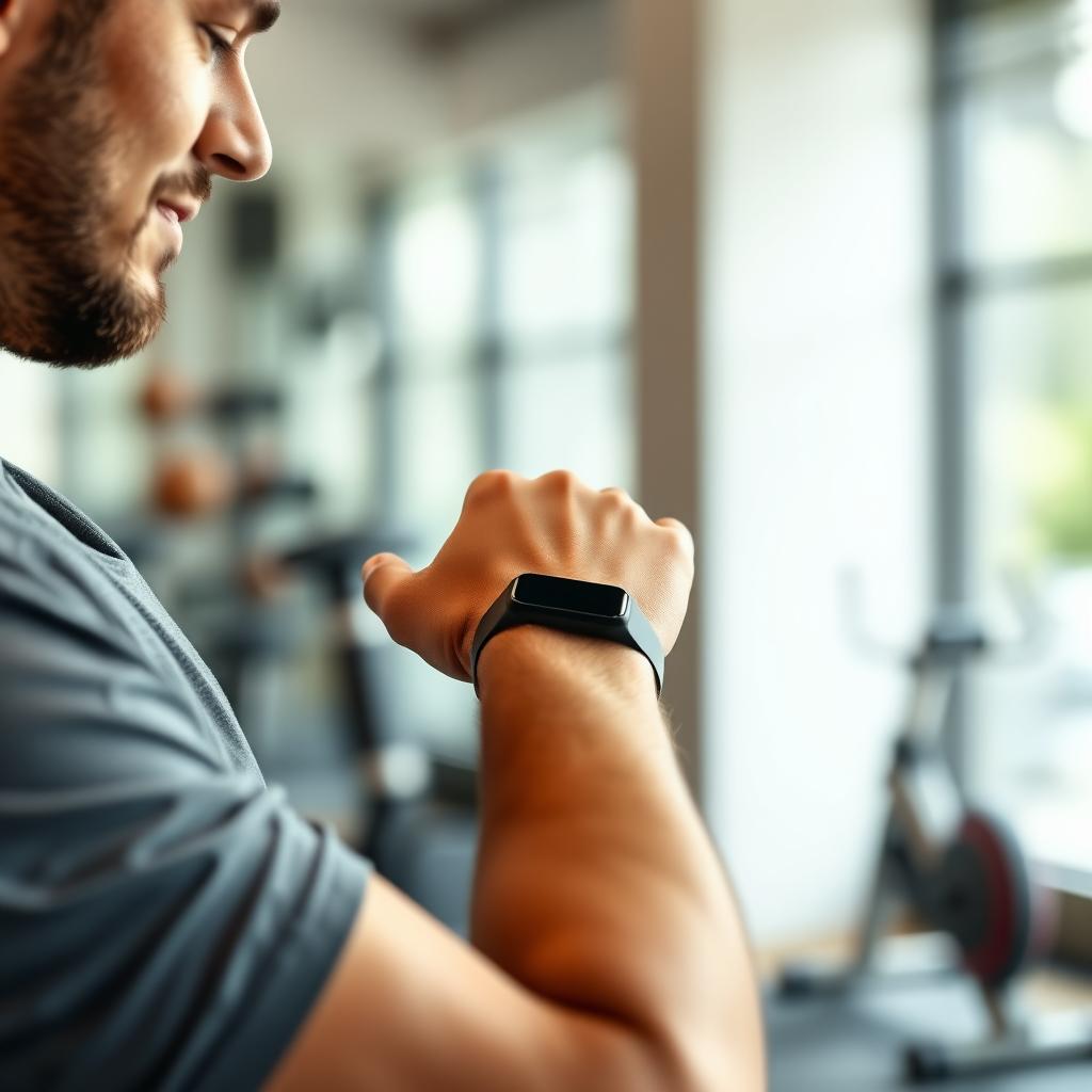Persoană care verifică un tracker de fitness la încheietura mâinii după un antrenament HIIT, într-o sală de fitness cu echipamente estompate în fundal.