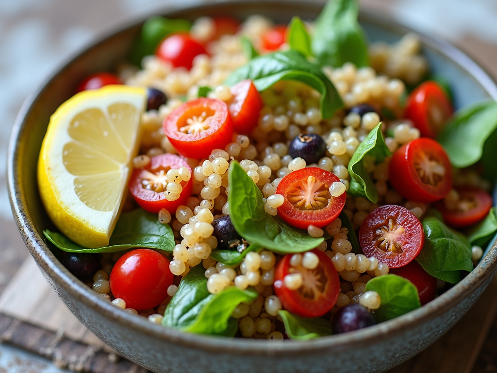 Imagine detaliată a unei salate de quinoa cu legume proaspete și o felie de lămâie.