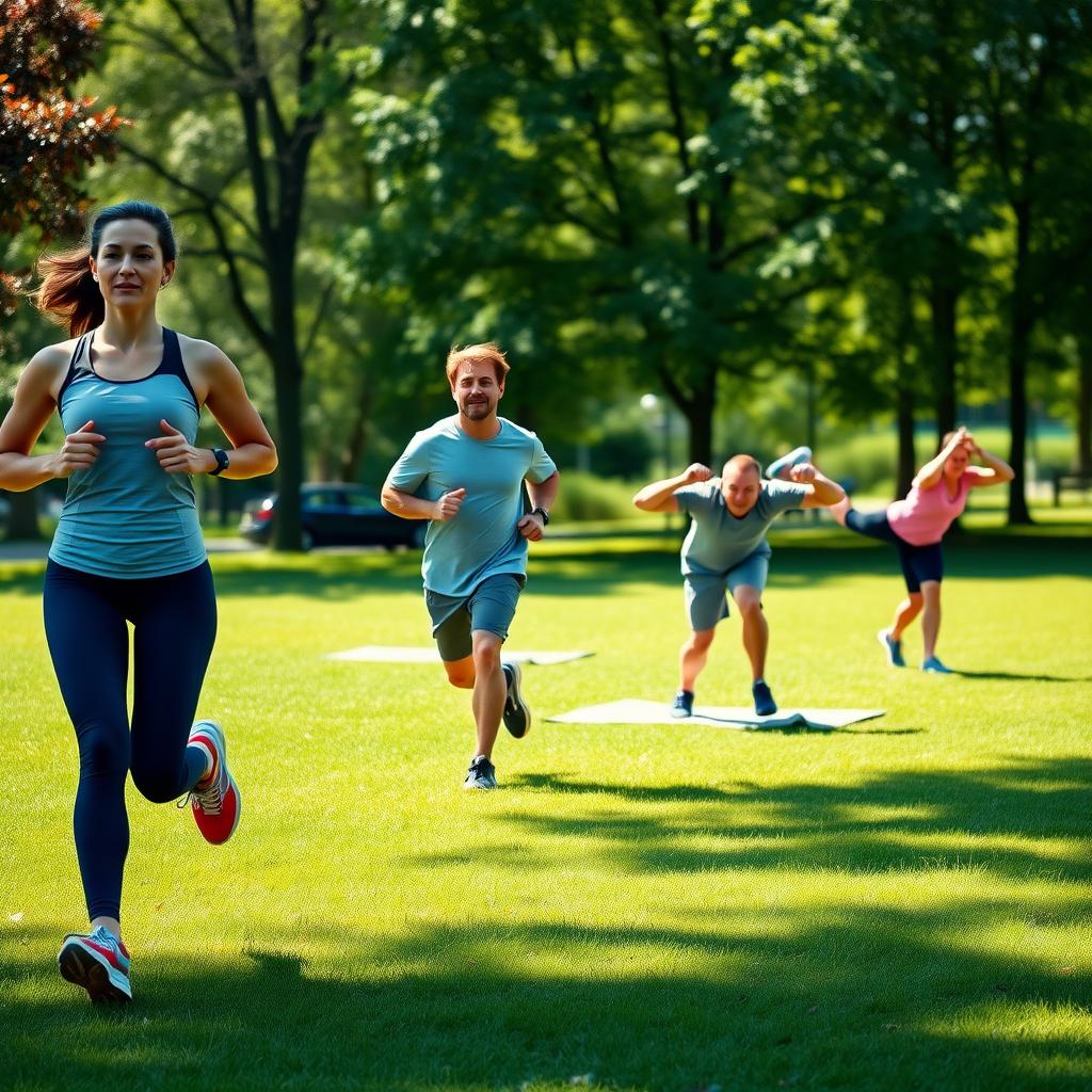 Grup de persoane care fac exerciții în aer liber într-un parc, incluzând jogging, flotări și stretching, sub un cer însorit.