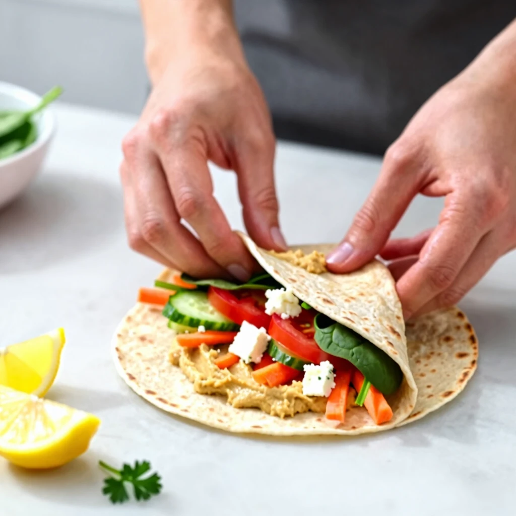 Mâini pregătind un wrap proaspăt cu legume și hummus