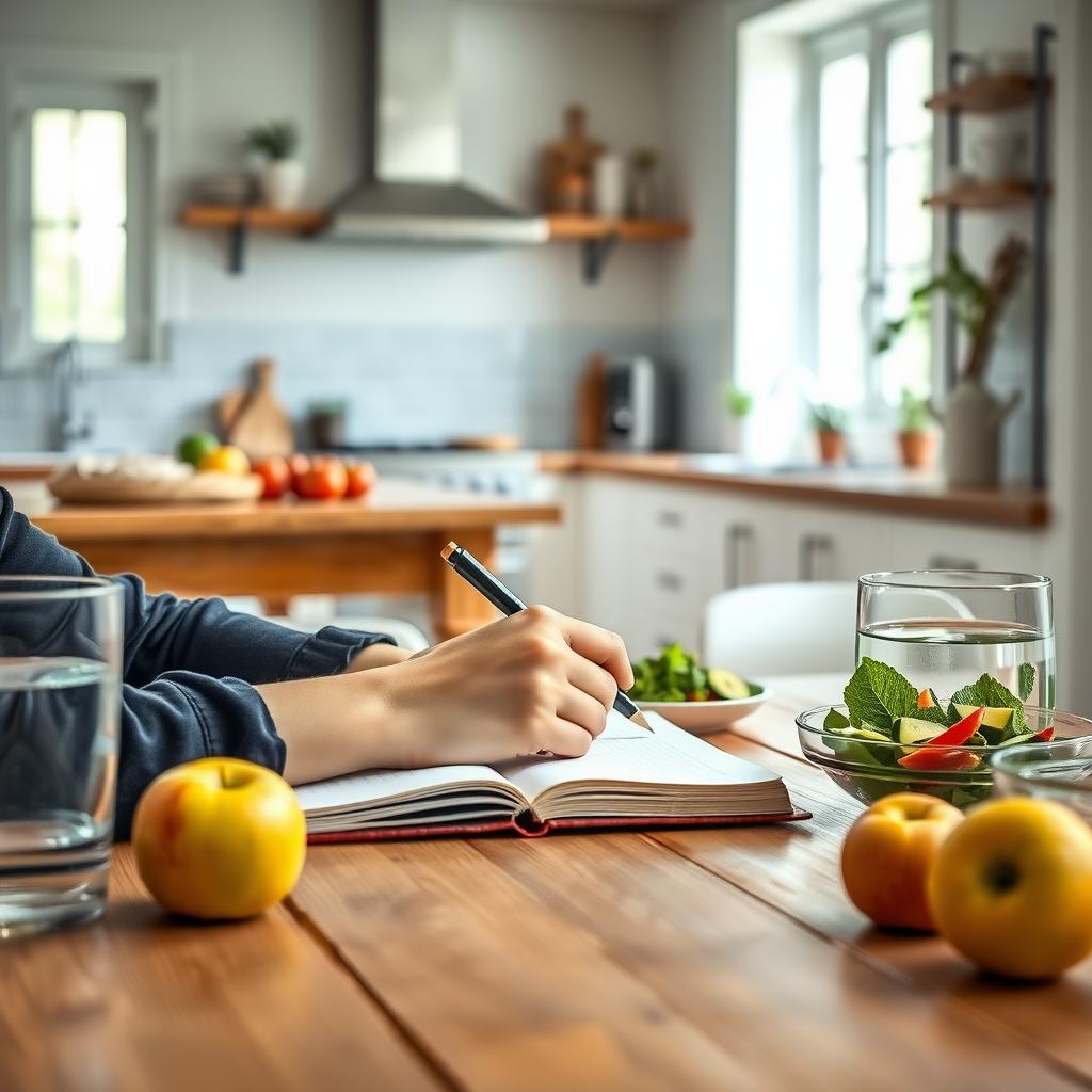 Persoană care notează într-un jurnal la o masă din lemn, înconjurată de alimente sănătoase precum mere, un bol cu salată și un pahar cu apă, într-o bucătărie luminoasă.