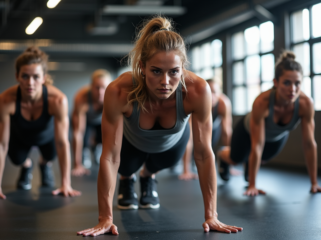 Grup de oameni care fac un antrenament HIIT într-o sală, executând burpee cu energie și concentrare, sub îndrumarea unui antrenor.
